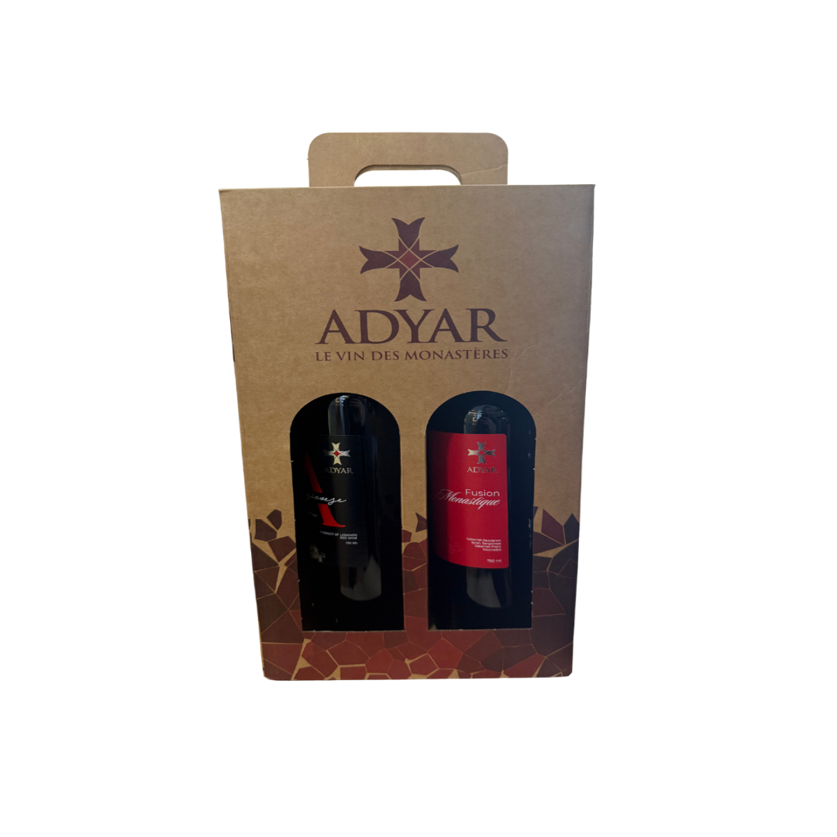 Wine packaging with two bottles and 'Adyar' branding on a white background