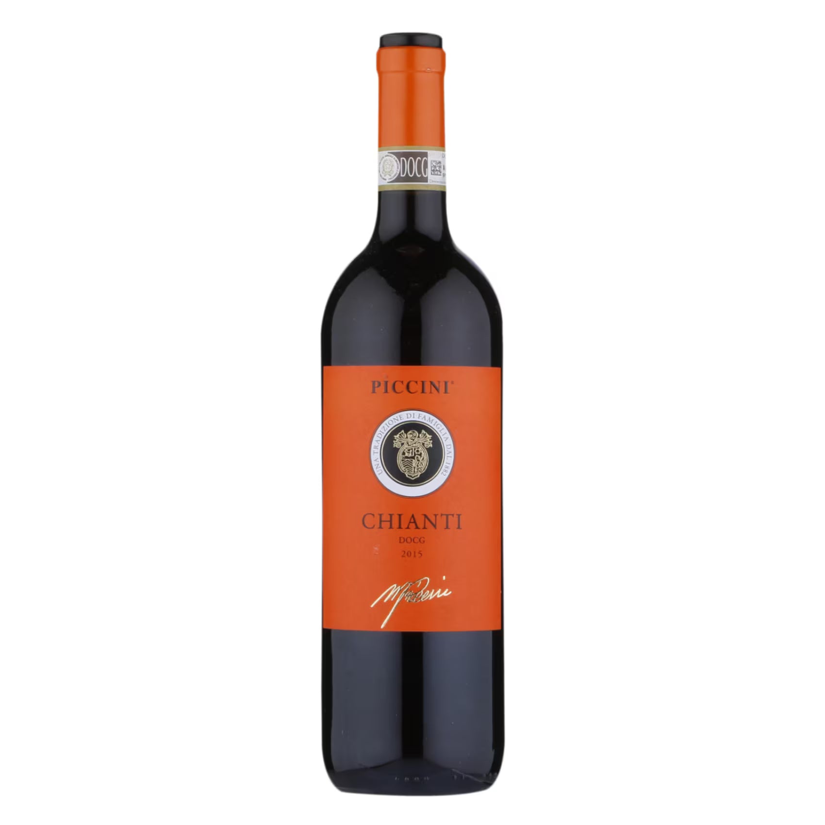 Wine bottle with an orange label on a white background