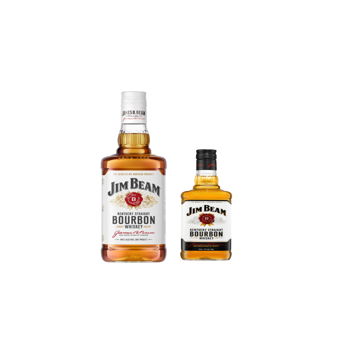 Two bottles of Jim Beam bourbon on a white background